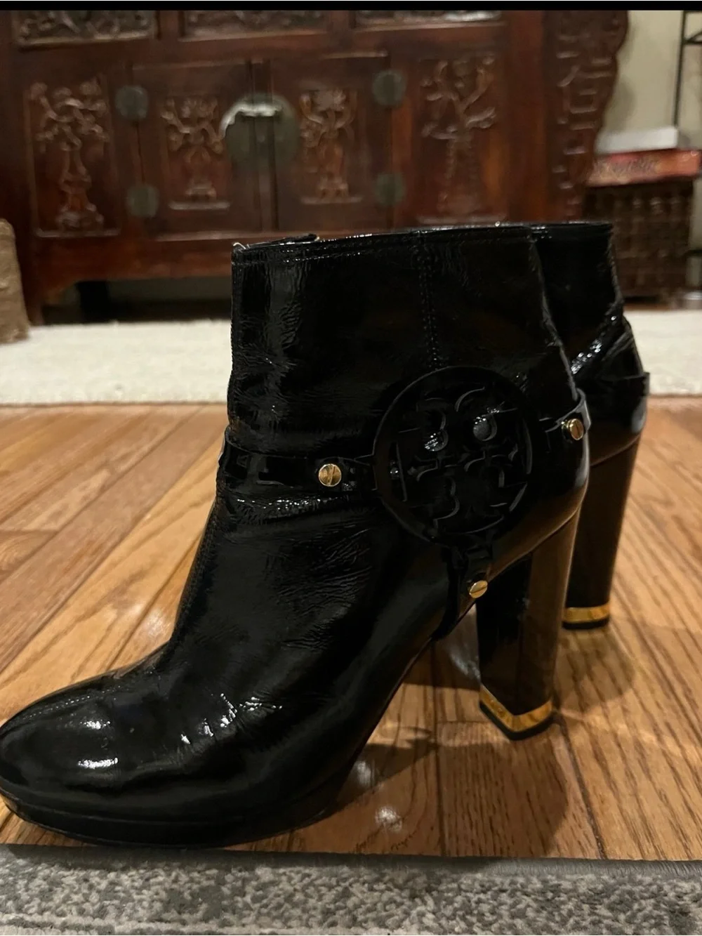 Tory Burch Black Patent Leather Logo Whitney Boots